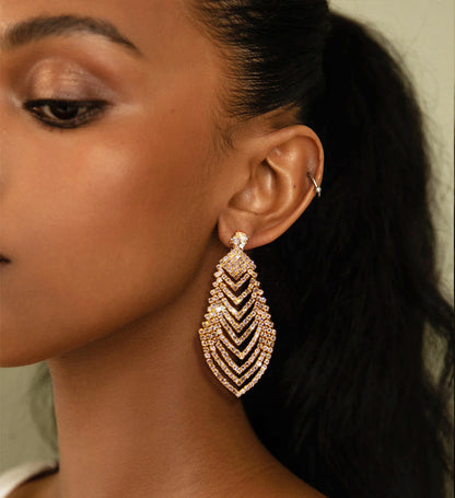 Crystal Long Diamond Leaf Earrings