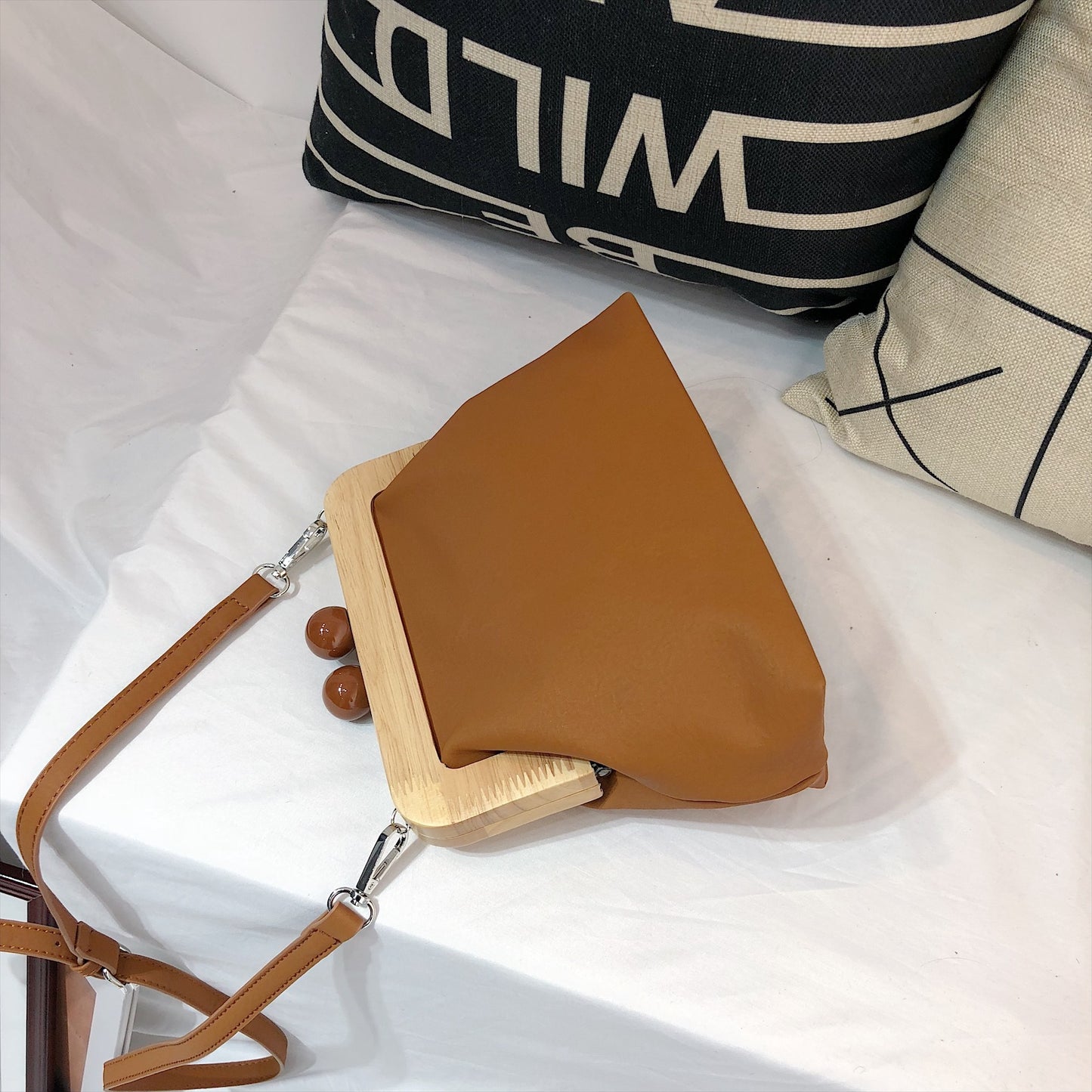 Leather Wooden Clip Clutch