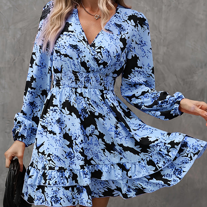 Lantern Sleeve A-Line Dress V-Neck