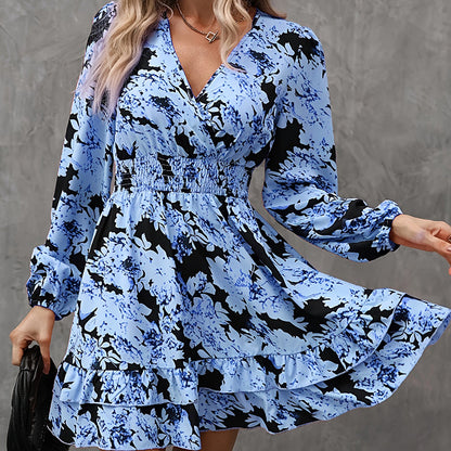 Lantern Sleeve A-Line Dress V-Neck