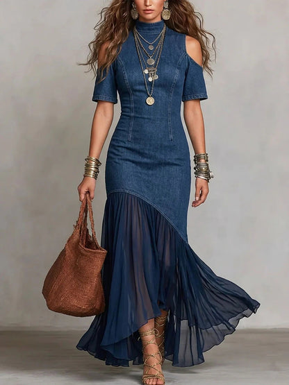 Off-Shoulder Mesh Hem Midi Dress