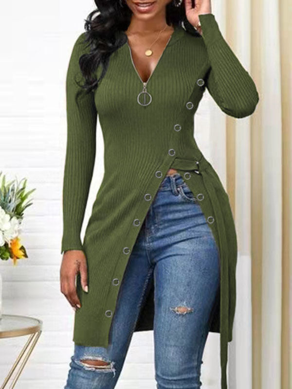 V-Neck High Split Zipper Dress