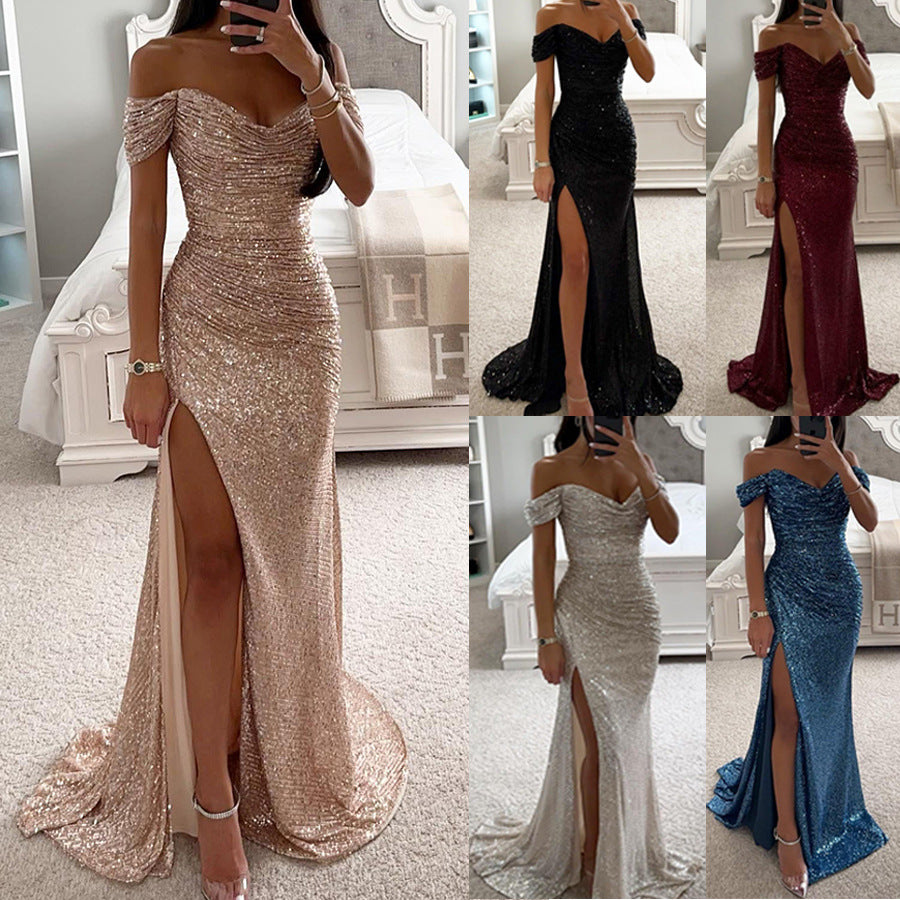 Sequin Off Shoulder Split Dress