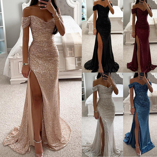 Sequin Off Shoulder Split Dress