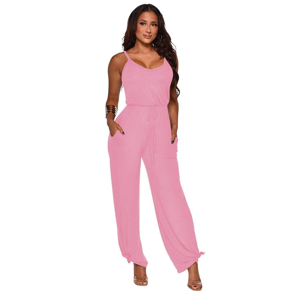 Mitation Cotton Solid Color Sling High Waist Jumpsuit