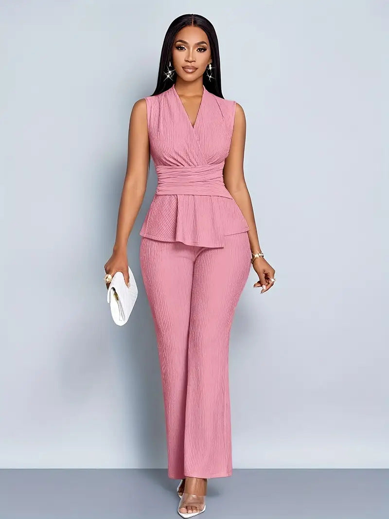 Elegant V-neck Top And Wide-leg Pants