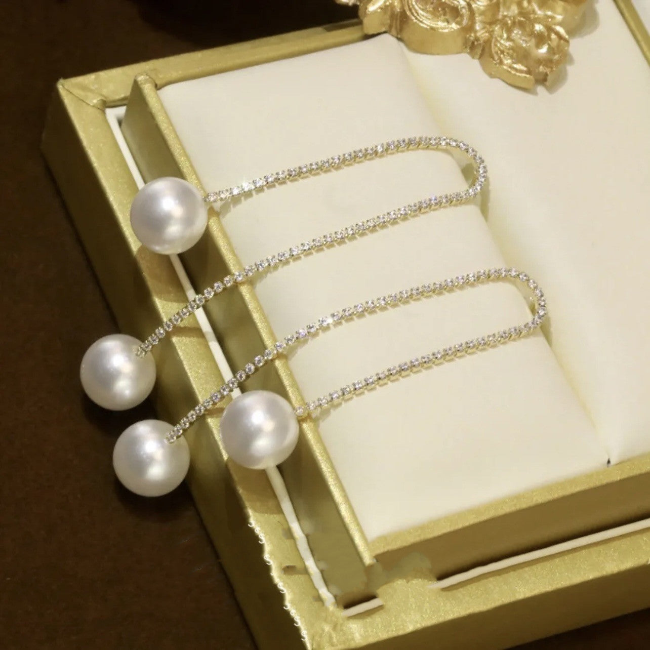 14K Rhinestone Tassel Pearl Earrings