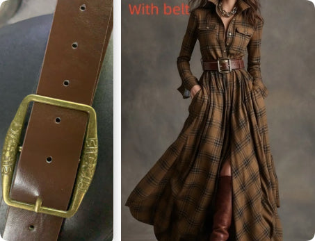 Ins Plaid Print Long-Sleeved Dress Fashion Pockets