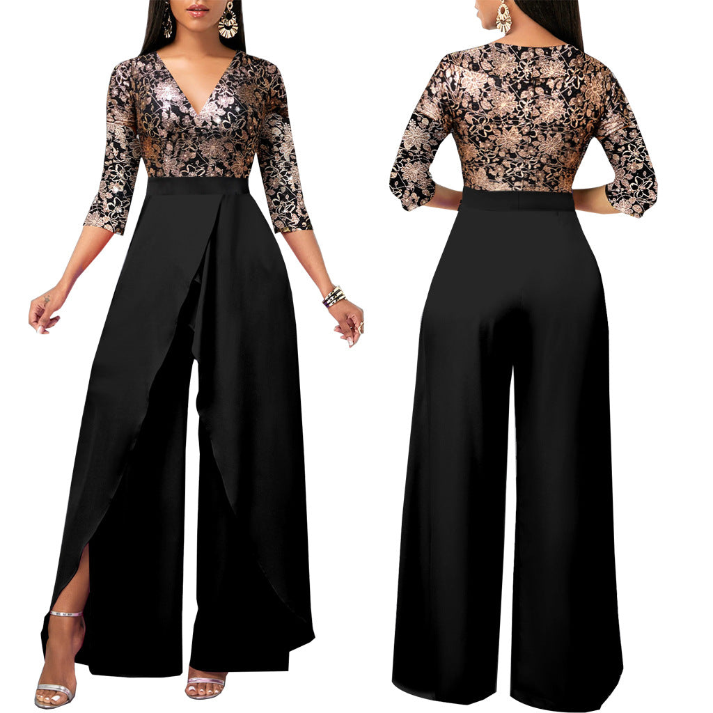 Solid Color And V-neck Women's Jumpsuit
