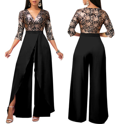 Solid Color And V-neck Women's Jumpsuit
