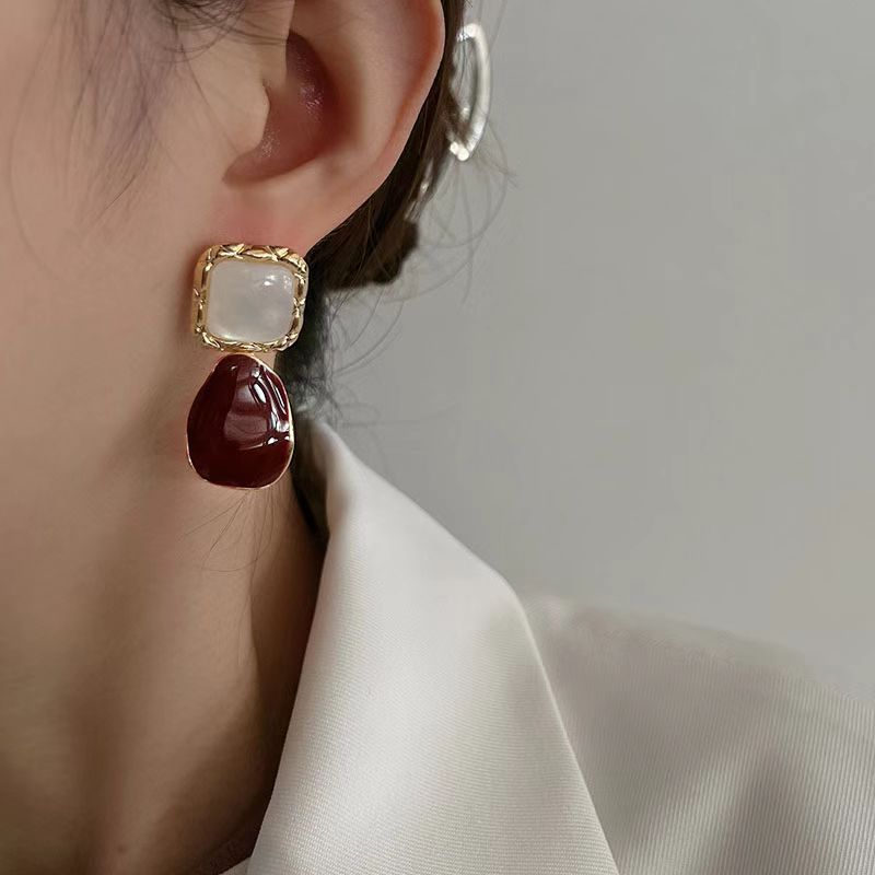 French Style Wine Red Earrings