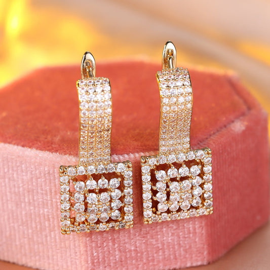 Champagne Gold Round White Diamond Square Earrings