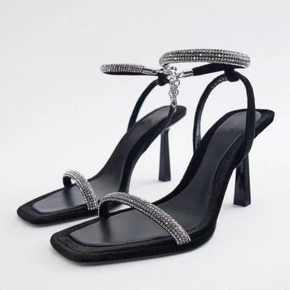 Square Toe Rhinestone Stiletto Sandals