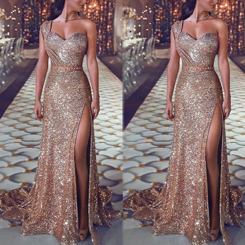 One-Shoulder Sleeveless Bronzing Dress Slit Long Skirt