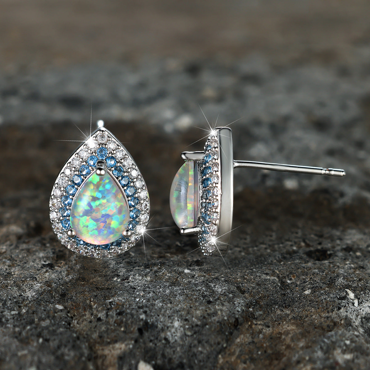 Water Drop White Opal Edge Blue White Ear Studs