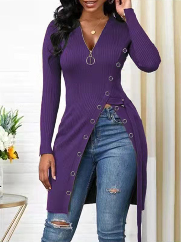 V-Neck High Split Zipper Dress