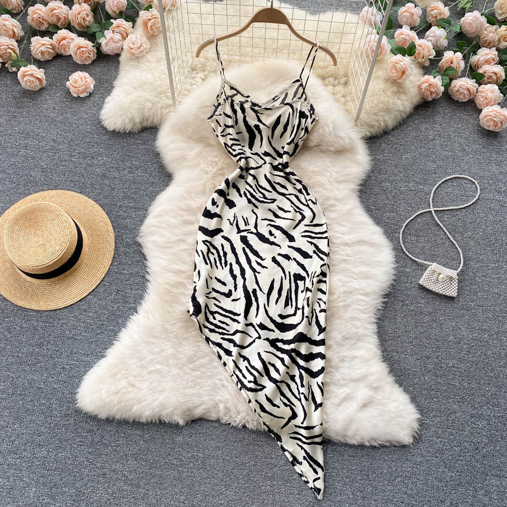 Waist A-Line Irregular Zebra Print Slip Dress