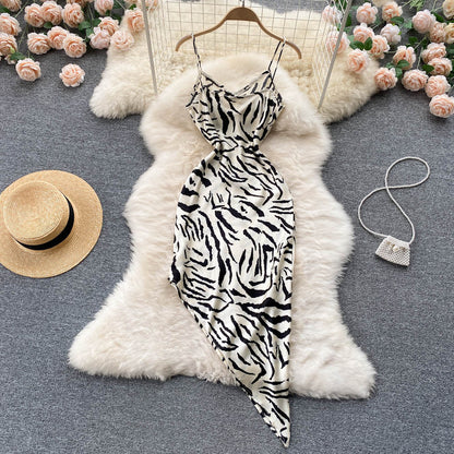 Waist A-Line Irregular Zebra Print Slip Dress