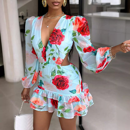Fashion V-neck Fashion Women Hollow Out Printed Dress