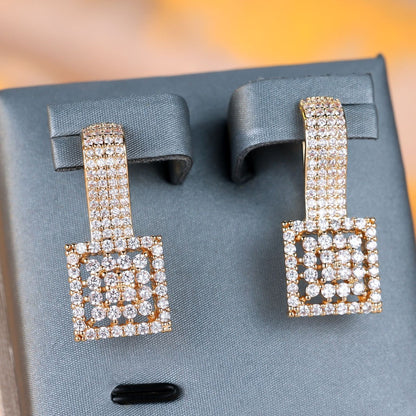 Champagne Gold Round White Diamond Square Earrings