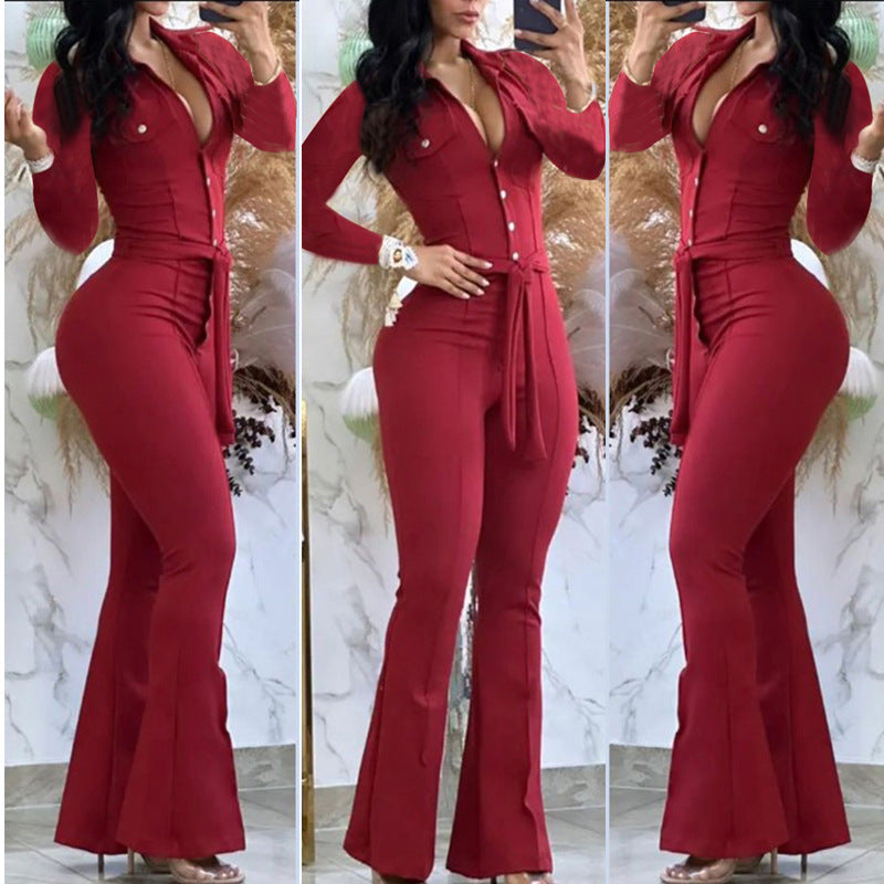 Button Lapel Belted Jumpsuit