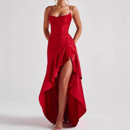 Women's Backless Ruffles Irregular Dress Summer Fashion