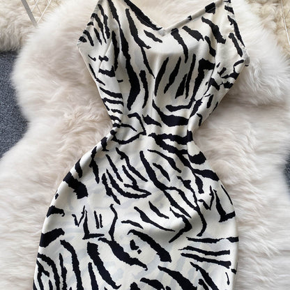 Waist A-Line Irregular Zebra Print Slip Dress