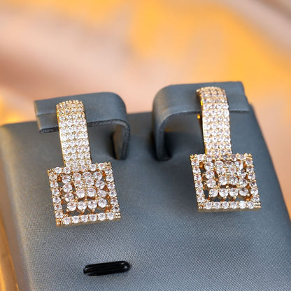 Champagne Gold Round White Diamond Square Earrings