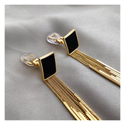 Square Black Long Tassel Earrings