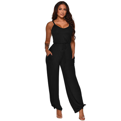 Mitation Cotton Solid Color Sling High Waist Jumpsuit