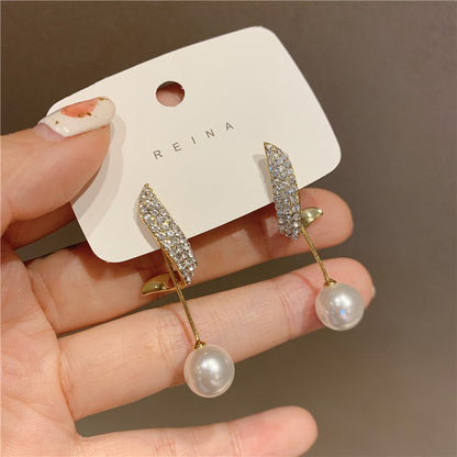 Two Full Diamond Wings Pearl Earrings Personality