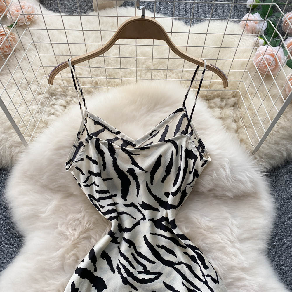 Waist A-Line Irregular Zebra Print Slip Dress