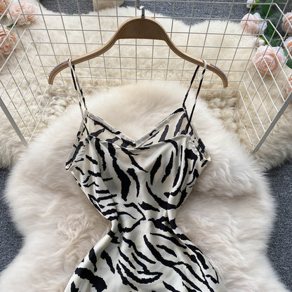 Waist A-Line Irregular Zebra Print Slip Dress