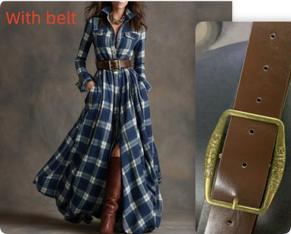 Ins Plaid Print Long-Sleeved Dress Fashion Pockets