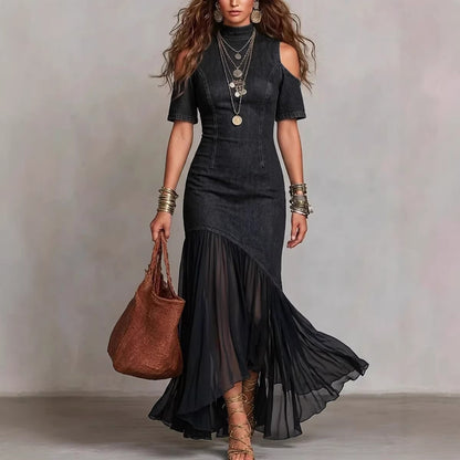 Off-Shoulder Mesh Hem Midi Dress