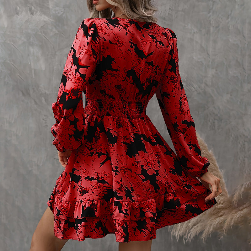 Lantern Sleeve A-Line Dress V-Neck