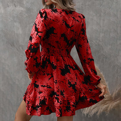 Lantern Sleeve A-Line Dress V-Neck