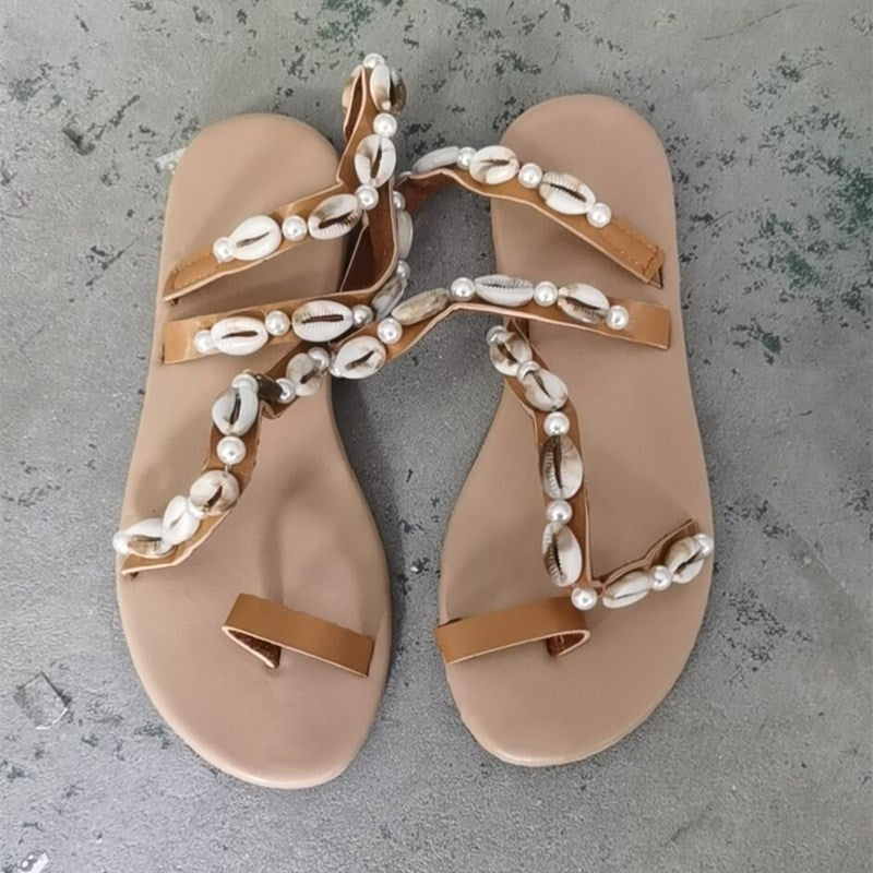 Shell Pearl Set Toe Ladies Plus Size Sandals