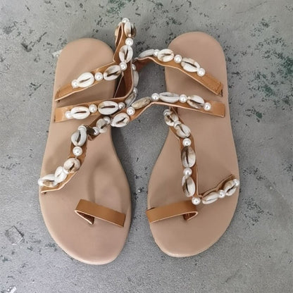 Shell Pearl Set Toe Ladies Plus Size Sandals