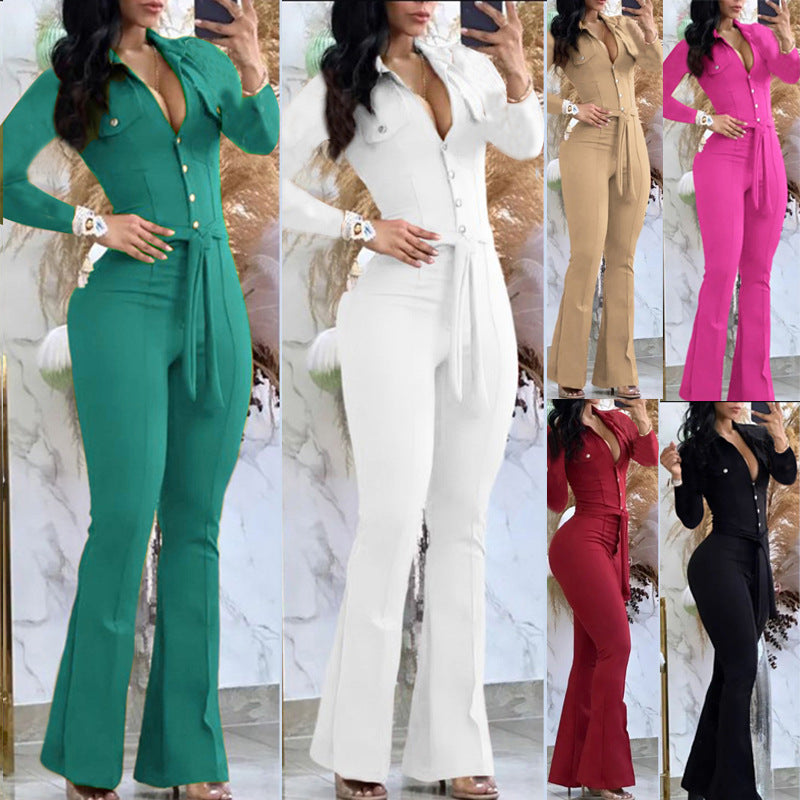 Button Lapel Belted Jumpsuit