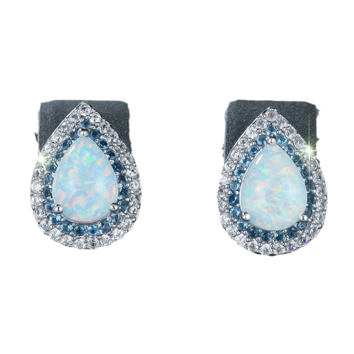 Water Drop White Opal Edge Blue White Ear Studs