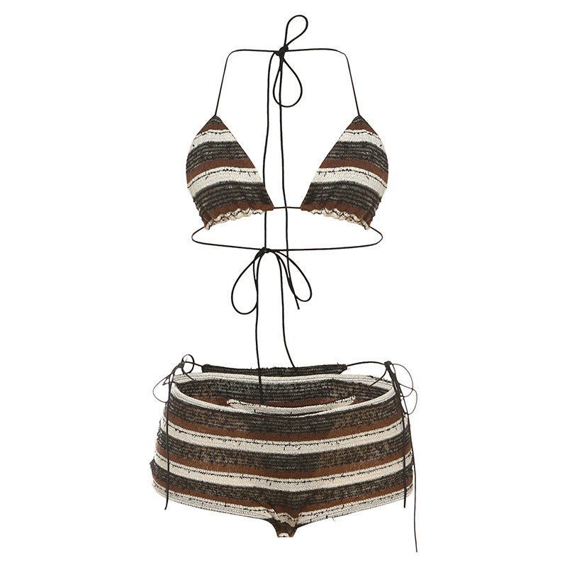 Halter Lace-up Striped Bikini Three-piece Suit