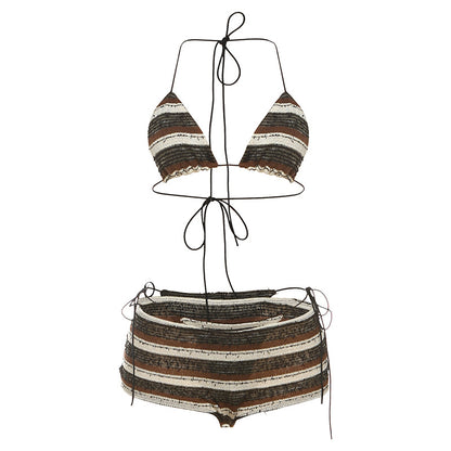 Halter Lace-up Striped Bikini Three-piece Suit