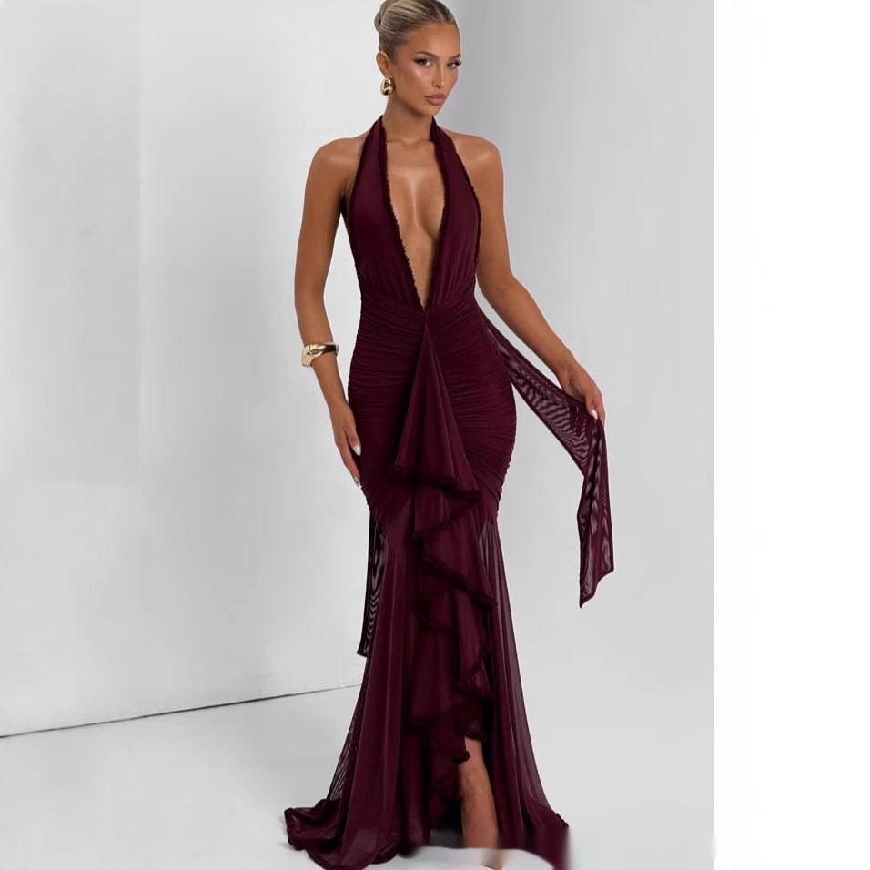 Wine Red Lace Deep V Sexy Dress