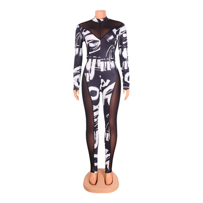 Skinny Mesh Stitching Jumpsuit