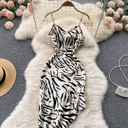 Waist A-Line Irregular Zebra Print Slip Dress