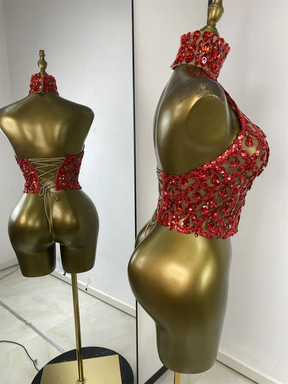 Sparkly Rhinestones Sequins Mesh Laced-Up Back Top