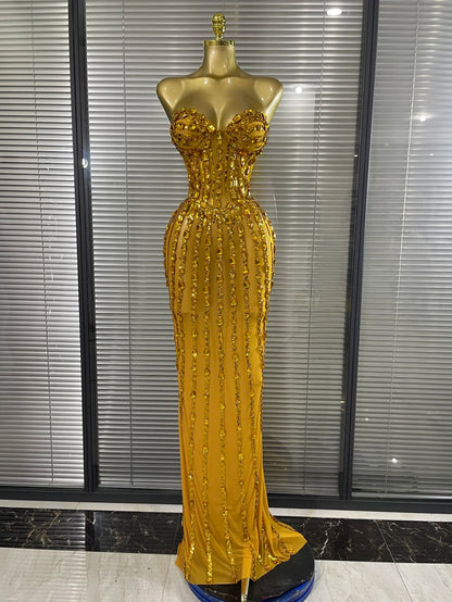 Sparkly Crystal Women Sexy Strapless Mesh See Through Long Maxi Bodycon Dress Elegant Evening Party Birthday Wedding Wear
