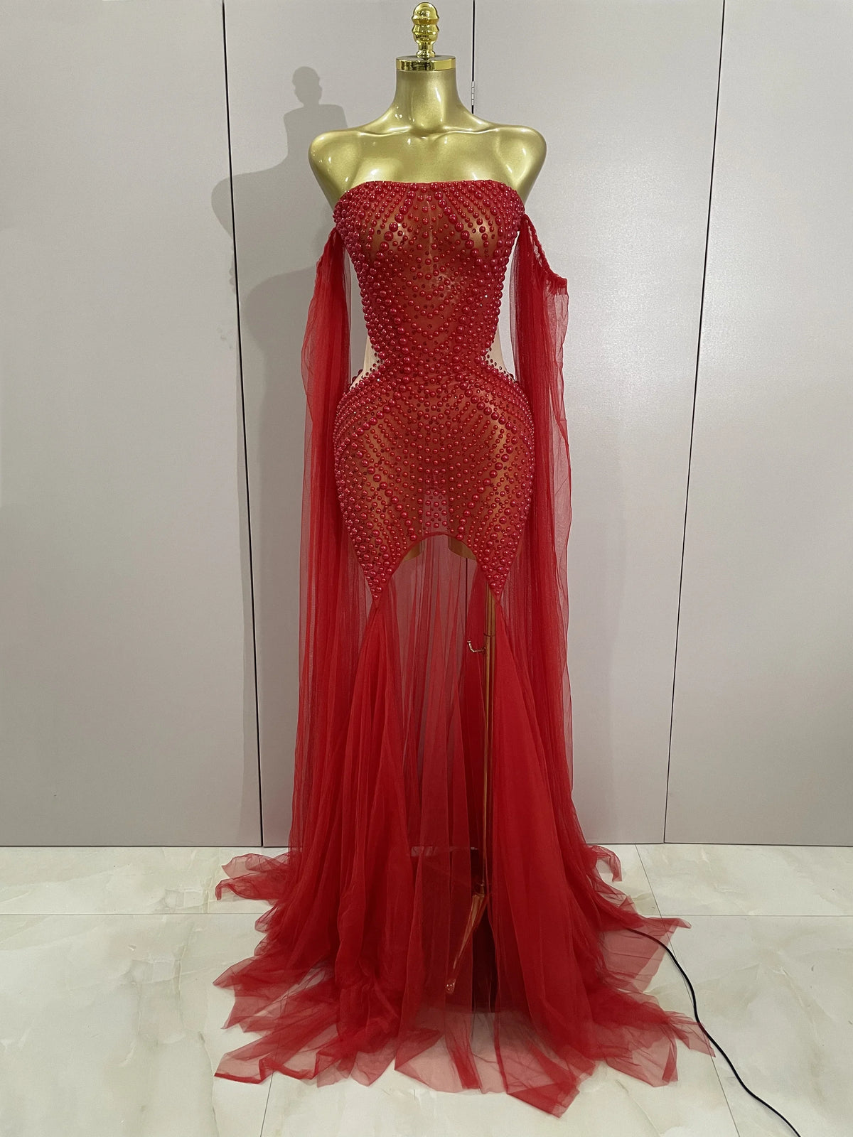 Luxury Birthday Evening Party Dress Elegant Sparkly Rhinestone Pearl Sexy Strapless Mesh Long Dress Prom Wedding Guest Gowns