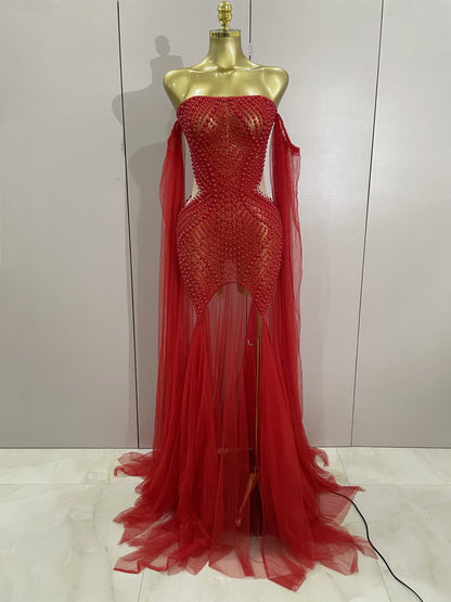 Luxury Birthday Evening Party Dress Elegant Sparkly Rhinestone Pearl Sexy Strapless Mesh Long Dress Prom Wedding Guest Gowns